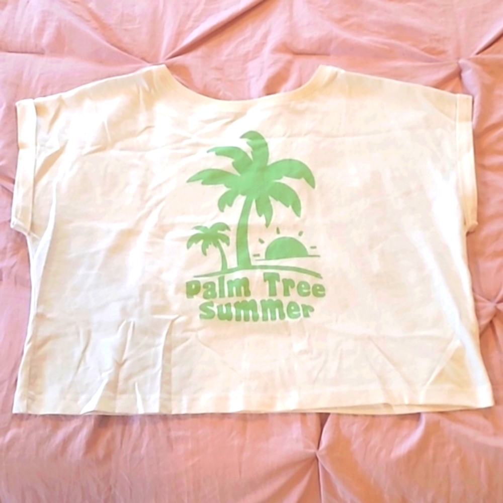 Zara Girl's Green & Cream Palm Tree Summer Graphic Top Size 13-14